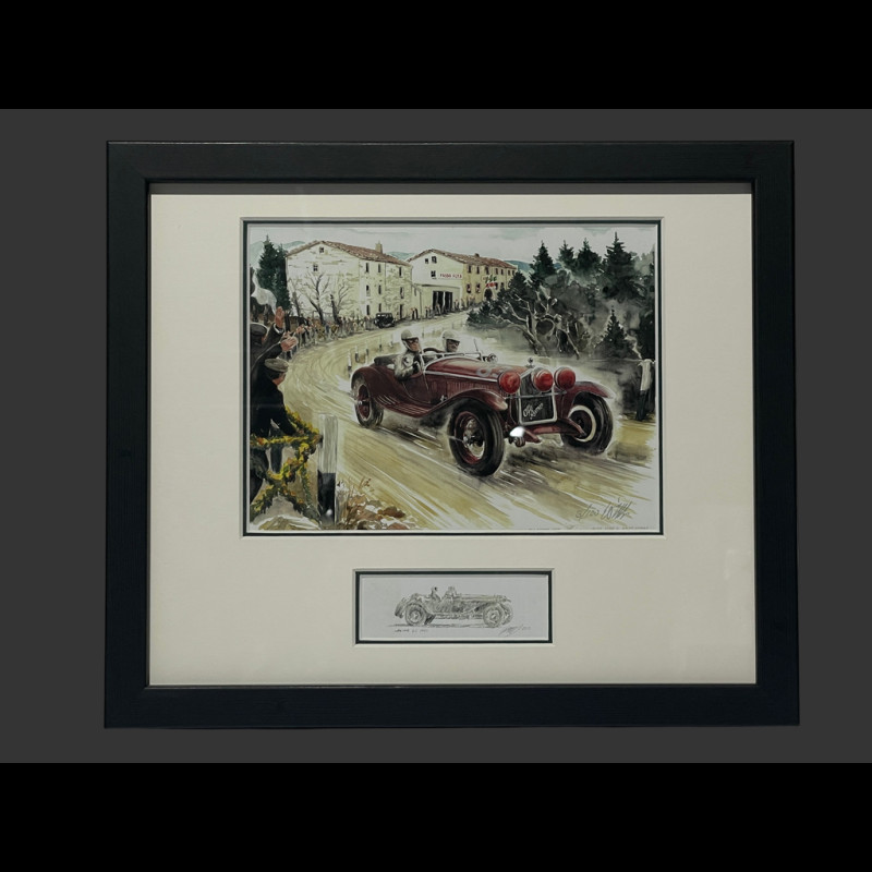Alfa Romeo Frame 6C 1750 Gran Sport Mille Miglia 1929 Black Wooden Frame with Sketch 25 x 30 cm - Uli Ehret