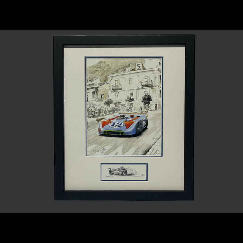 Porsche Rahmen 908/3 N° 12 Jo Siffert Sieger "Targa Florio" 1970 Schwarzer Holzrahmen mit Skizze 25 x 30 cm - Uli Ehret