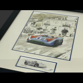 Porsche Rahmen 908/3 N° 12 Jo Siffert Sieger "Targa Florio" 1970 Schwarzer Holzrahmen mit Skizze 25 x 30 cm - Uli Ehret