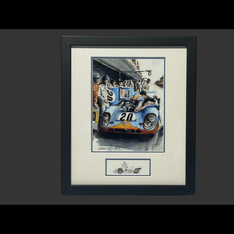 Steve McQueen Rahmen Porsche 917K n° 20 24h Le Mans 1970 Schwarzer Holzrahmen mit Skizze 25 x 30 cm - Uli Ehret