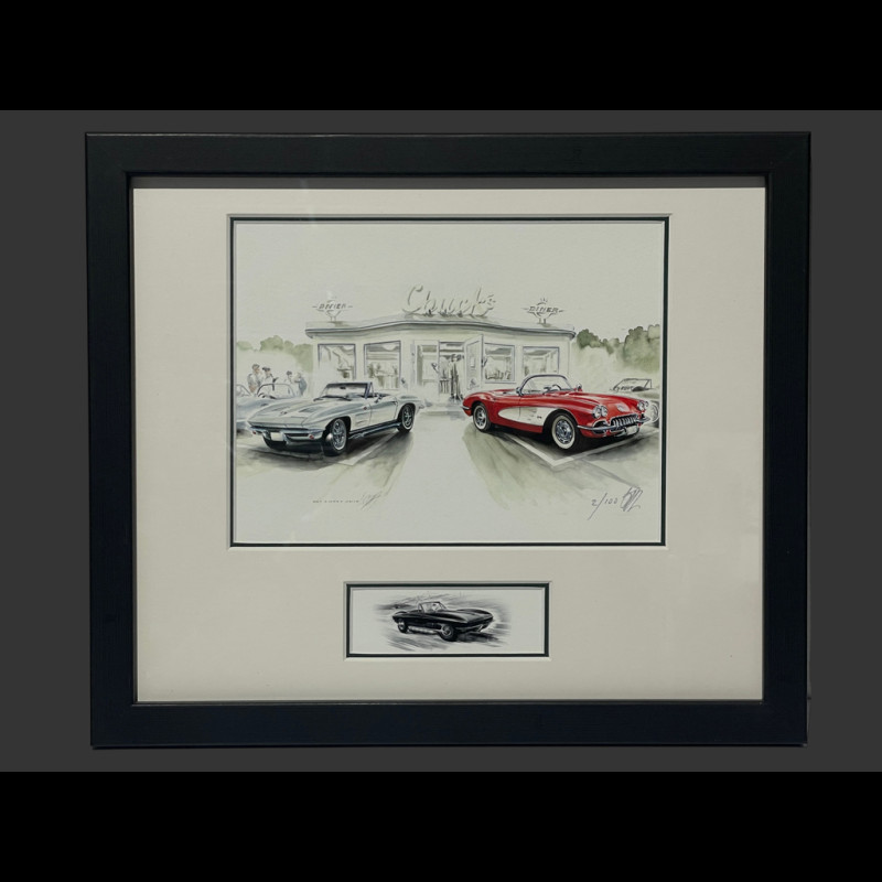 Chevrolet Rahmen Corvette C1 Convertible 1960 / C2 Stingray 1963 Schwarzer Holzrahmen mit Skizze 25 x 30 cm - Uli Ehret