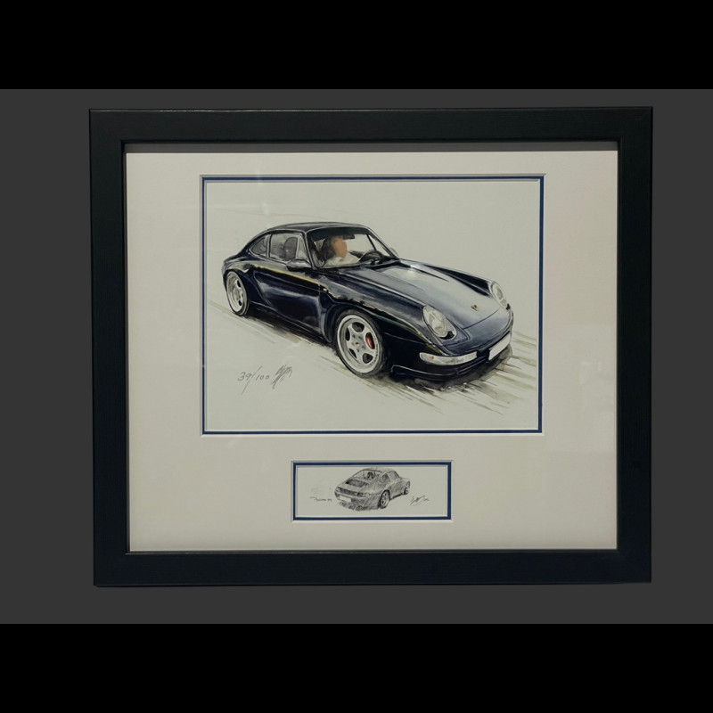 Porsche Rahmen 911 Coupe Typ 993 1998 Schwarzer Holzrahmen mit Skizze 25 x 30 cm - Uli Ehret