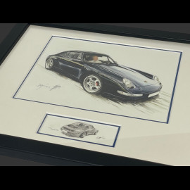 Porsche Rahmen 911 Coupe Typ 993 1998 Schwarzer Holzrahmen mit Skizze 25 x 30 cm - Uli Ehret
