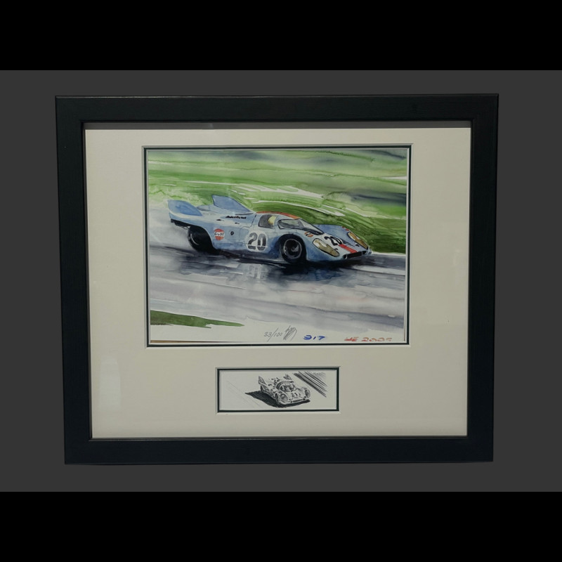 Porsche Rahmen 917 N° 20 24h LeMans 1970 Schwarzer Holzrahmen mit Skizze 25 x 30 cm - Uli Ehret