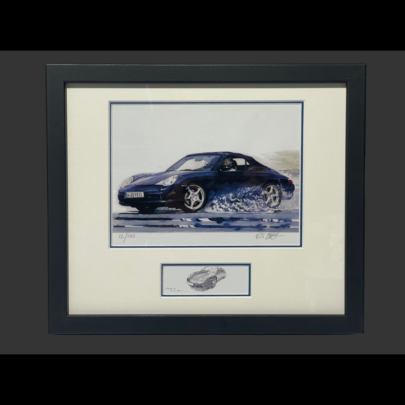 Porsche Rahmen 911 Typ 996 Cabriolet 1997 Schwarzer Holzrahmen mit Skizze 25 x 30 cm - Uli Ehret
