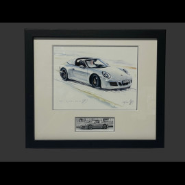 Porsche Rahmen 911 Targa Typ 997 2016 Schwarzer Holzrahmen mit Skizze 25 x 30 cm - Uli Ehret