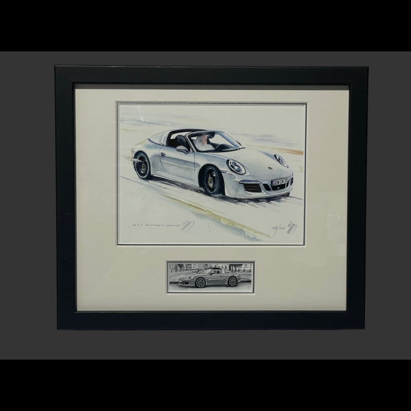 Porsche Frame 911 Targa Type 997 2016 Black Wooden Frame with Sketch 25 x 30 cm - Uli Ehret