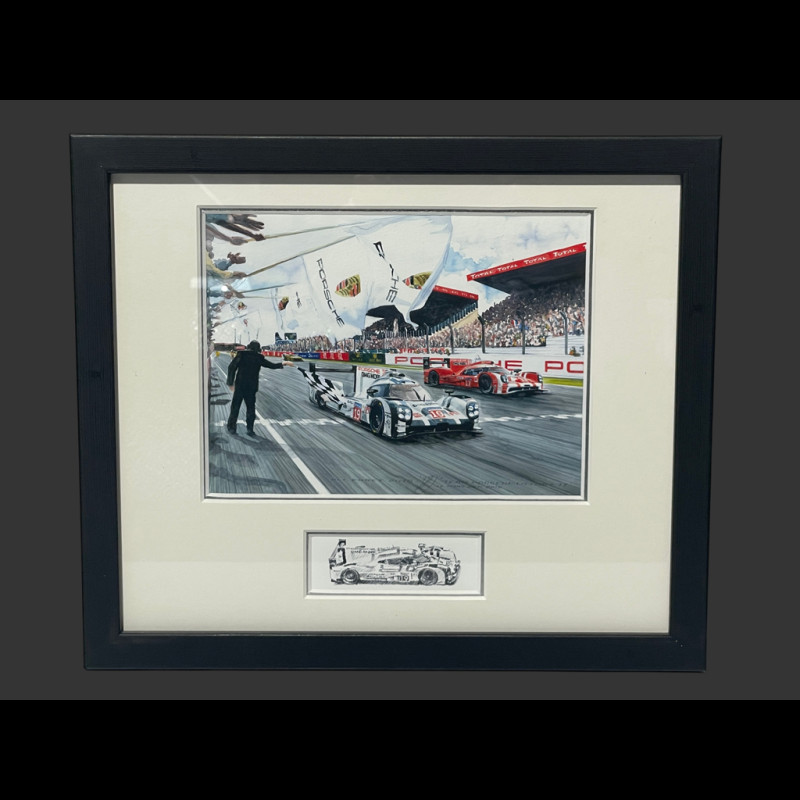 Porsche Rahmen 919 Hybrid n° 19 Sieger 24h Le Mans 2015 Schwarzer Holzrahmen mit Skizze 25 x 30 cm - Uli Ehret
