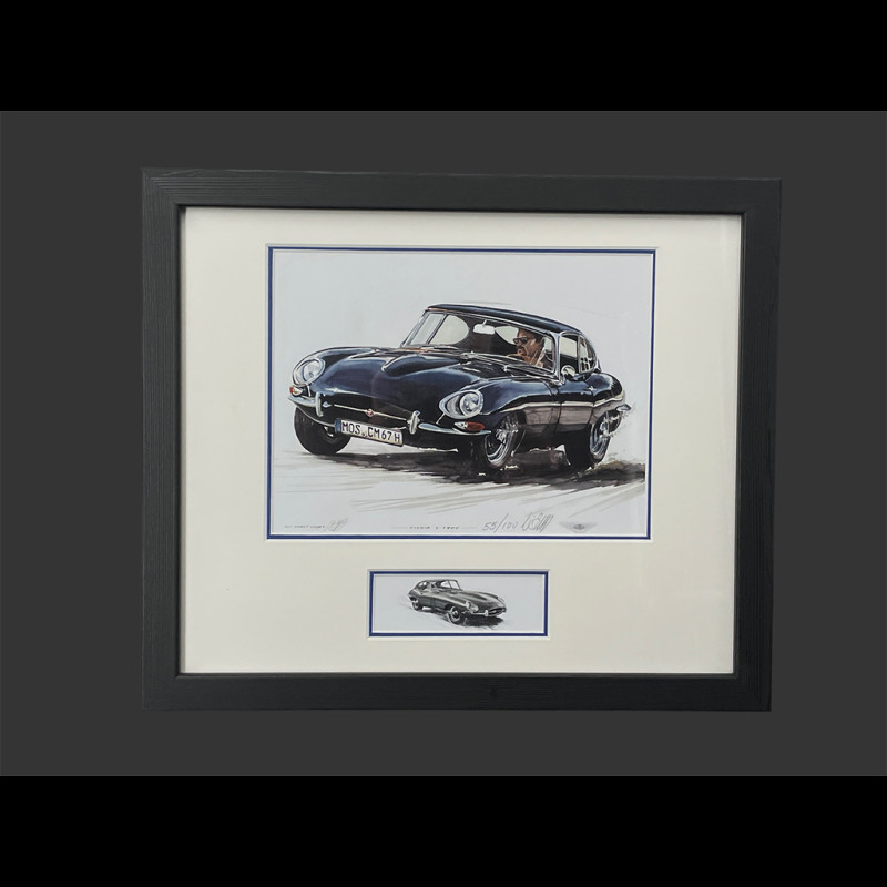 Jaguar Rahmen E-Typ Coupe 1961 Schwarzer Holzrahmen mit Skizze 25 x 30 cm - Uli Ehret