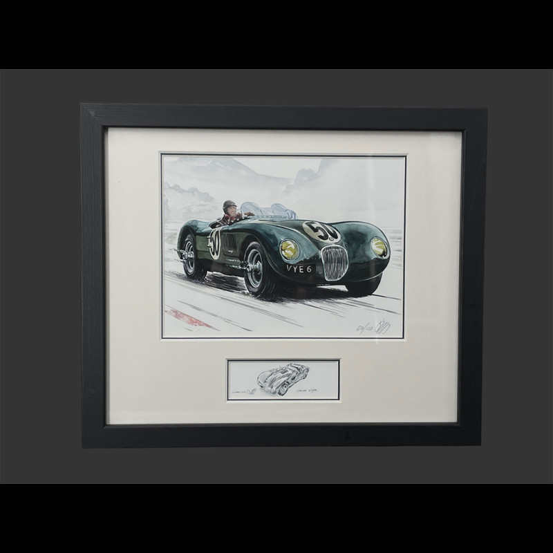 Jaguar Rahmen C-Typ n° 50 Nürburgring 1953 Schwarzer Holzrahmen mit Skizze 25 x 30 cm - Uli Ehret