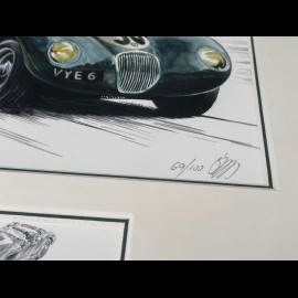 Jaguar Rahmen C-Typ n° 50 Nürburgring 1953 Schwarzer Holzrahmen mit Skizze 25 x 30 cm - Uli Ehret