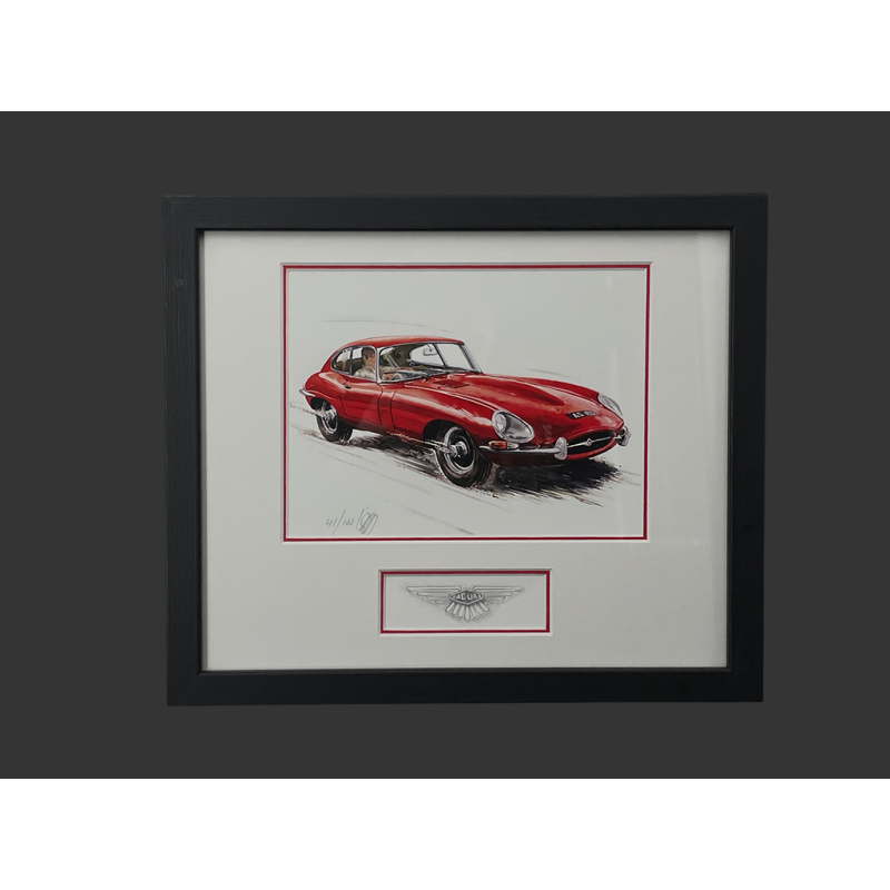 Jaguar Frame E-Type Series 1 1962 Black Wooden Frame with Sketch 25 x 30 cm - Uli Ehret