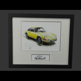 Porsche Rahmen 911 Coupe 1967 Gelb Schwarzer Holzrahmen mit Skizze 25 x 30 cm - Uli Ehret