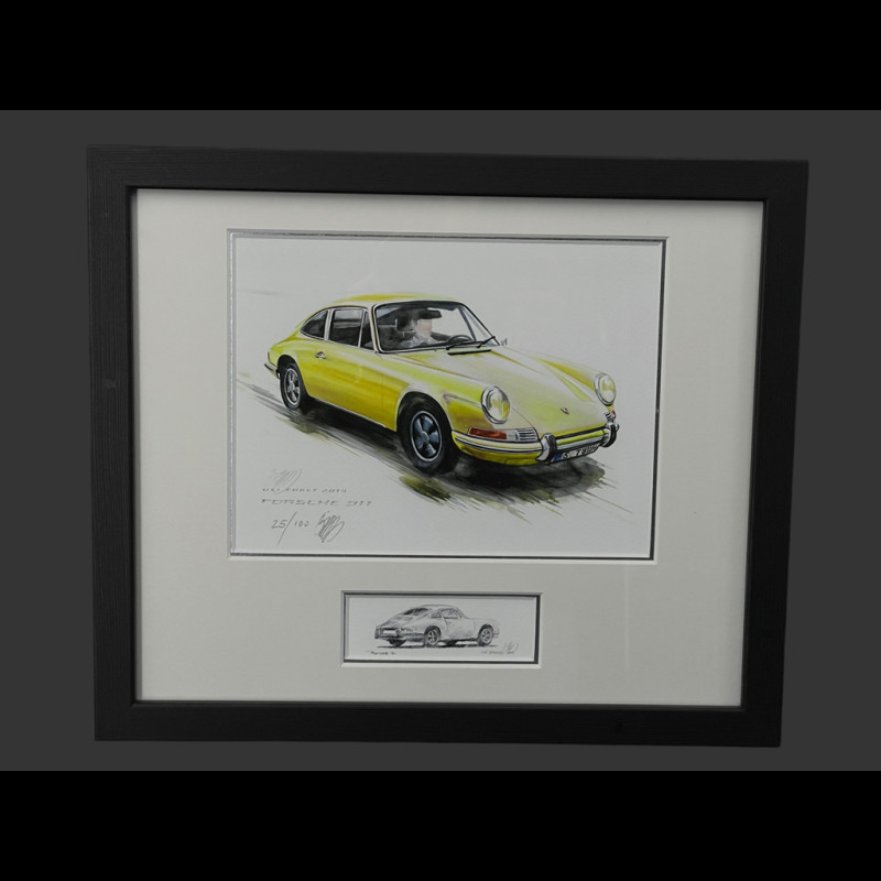 Porsche Rahmen 911 Coupe 1967 Gelb Schwarzer Holzrahmen mit Skizze 25 x 30 cm - Uli Ehret