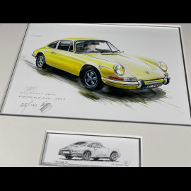 Porsche Rahmen 911 Coupe 1967 Gelb Schwarzer Holzrahmen mit Skizze 25 x 30 cm - Uli Ehret
