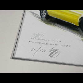 Porsche Rahmen 911 Coupe 1967 Gelb Schwarzer Holzrahmen mit Skizze 25 x 30 cm - Uli Ehret