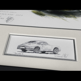 Porsche Rahmen 911 Coupe 1967 Gelb Schwarzer Holzrahmen mit Skizze 25 x 30 cm - Uli Ehret