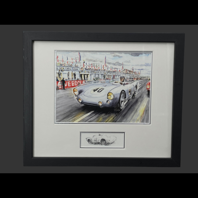 Porsche Frame 550 n° 40 24h Le Mans 1954 Black Wooden Frame with Sketch 25 x 30 cm - Uli Ehret