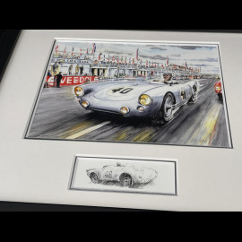 Porsche Rahmen 550 n° 40 24h Le Mans 1954 Schwarzer Holzrahmen mit Skizze 25 x 30 cm - Uli Ehret
