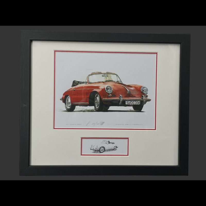 Porsche Rahmen 356 C Cabriolet 1963 Rot Schwarzer Holzrahmen mit Skizze 25 x 30 cm - Uli Ehret