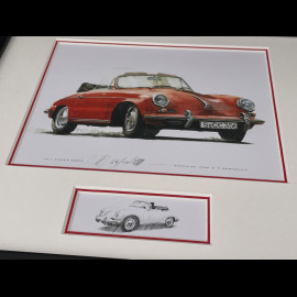 Porsche Rahmen 356 C Cabriolet 1963 Rot Schwarzer Holzrahmen mit Skizze 25 x 30 cm - Uli Ehret