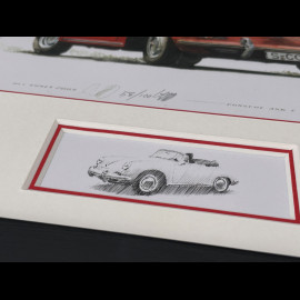 Porsche Rahmen 356 C Cabriolet 1963 Rot Schwarzer Holzrahmen mit Skizze 25 x 30 cm - Uli Ehret