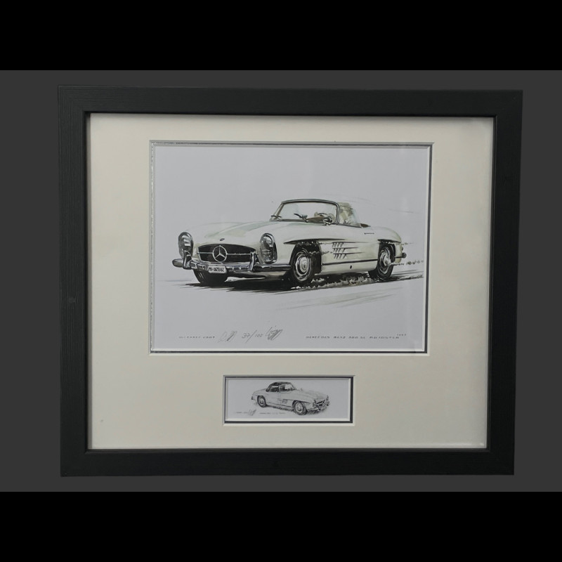 Mercedes-Benz Rahmen 300 SL Roadster 1957 Schwarzer Holzrahmen mit Skizze 25 x 30 cm - Uli Ehret