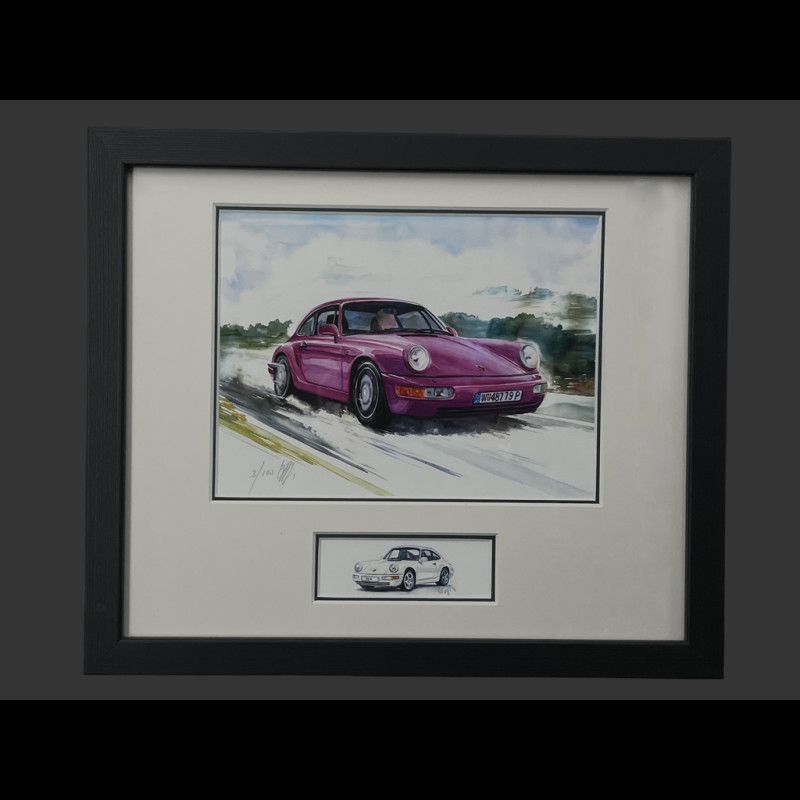 Porsche Rahmen 911 Coupe Type 964 1988 Schwarzer Holzrahmen mit Skizze 25 x 30 cm - Uli Ehret