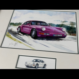 Porsche Frame 911 Coupe Type 964 1988 Black Wooden Frame with Sketch 25 x 30 cm - Uli Ehret
