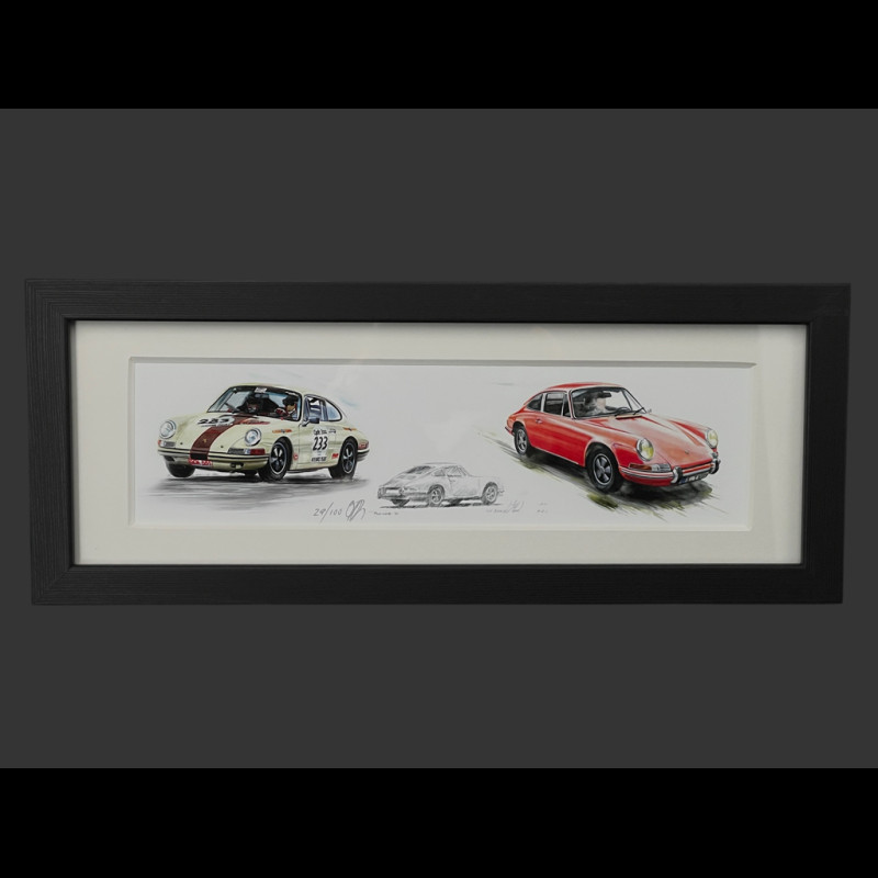 Porsche Rahmen 911 S 1974 und 911 T 1972 Schwarzer Holzrahmen 38 x 15 cm - Uli Ehret