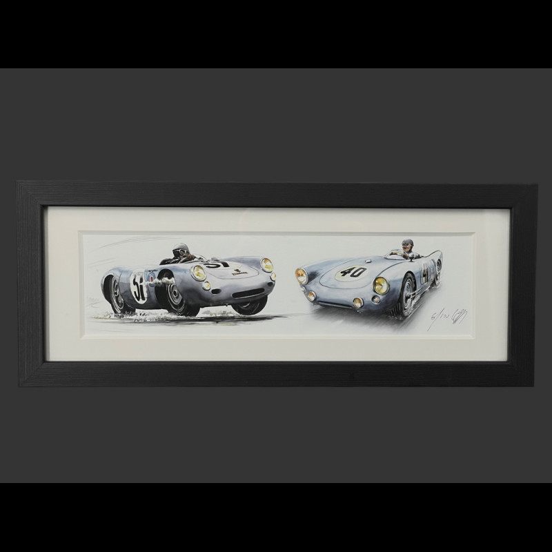Porsche Rahmen 550 Spyder n° 37 24h Le Mans 1954 Schwarzer Holzrahmen 38 x 15 cm - Uli Ehret