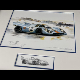 Porsche Rahmen 917 KH n° 2 Sieger 24h Daytona 1970 Schwarzer Holzrahmen mit Skizze 25 x 30 cm - Uli Ehret