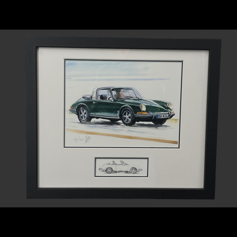 Porsche Rahmen 911 Targa Typ F 1966 Schwarzer Holzrahmen mit Skizze 25 x 30 cm - Uli Ehret