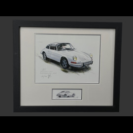 Porsche Rahmen 911 Coupe 1967 Weiß Schwarzer Holzrahmen mit Skizze 25 x 30 cm - Uli Ehret
