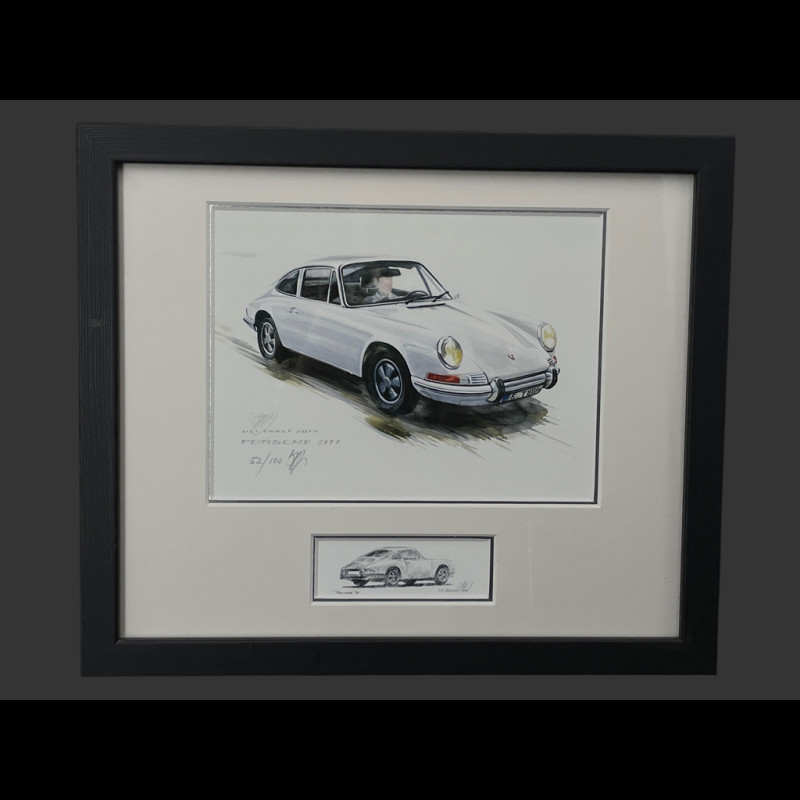 Porsche Rahmen 911 Coupe 1967 Weiß Schwarzer Holzrahmen mit Skizze 25 x 30 cm - Uli Ehret
