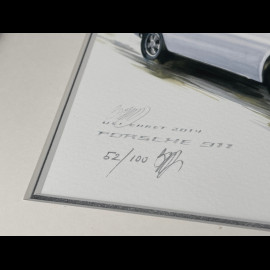 Porsche Rahmen 911 Coupe 1967 Weiß Schwarzer Holzrahmen mit Skizze 25 x 30 cm - Uli Ehret