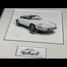 Porsche Rahmen 911 Coupe 1967 Weiß Schwarzer Holzrahmen mit Skizze 25 x 30 cm - Uli Ehret