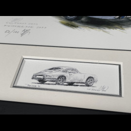 Porsche Rahmen 911 Coupe 1967 Weiß Schwarzer Holzrahmen mit Skizze 25 x 30 cm - Uli Ehret