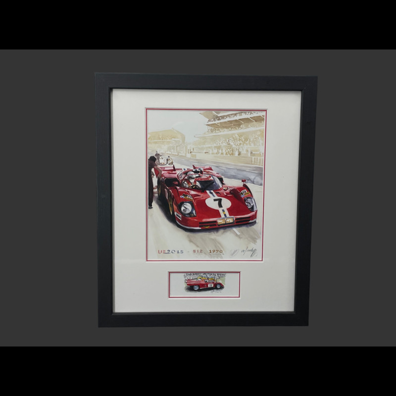 Ferrari Frame 512 S n° 7 24h Le Mans 1970 Black Wooden Frame with Sketch 25 x 30 cm - Uli Ehret