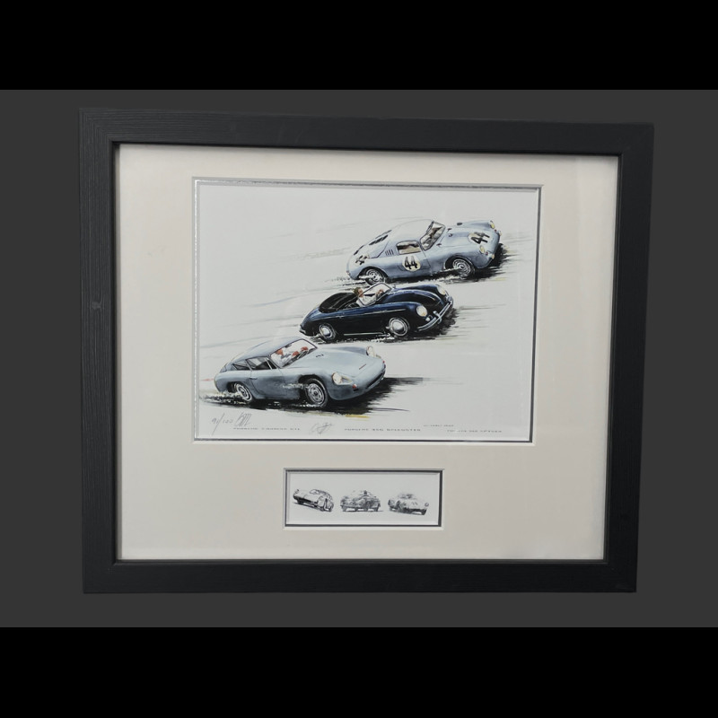 Porsche Frame 356 Abarth Carrera GTL / 356 Speedster / 550 A Coupe Black Wooden Frame with Sketch 25 x 30 cm - Uli Ehret