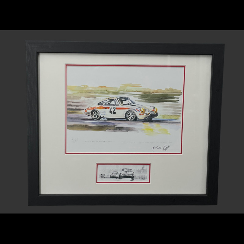 Porsche Rahmen 911 S n° 42 24h Le Mans 1971 Schwarzer Holzrahmen mit Skizze 25 x 30 cm - Uli Ehret