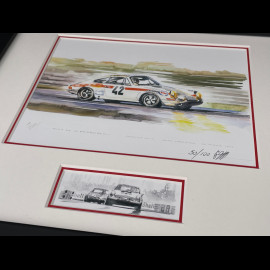 Porsche Rahmen 911 S n° 42 24h Le Mans 1971 Schwarzer Holzrahmen mit Skizze 25 x 30 cm - Uli Ehret