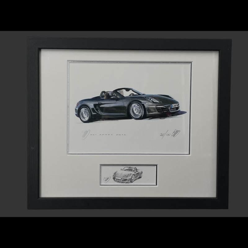 Porsche Rahmen Boxster Typ 718 2016 Schwarzer Holzrahmen mit Skizze 25 x 30 cm - Uli Ehret