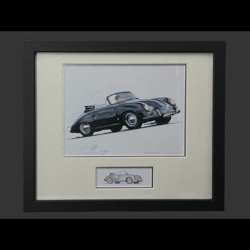 Porsche Rahmen 356 A Cabriolet 1958 Schwarzer Holzrahmen mit Skizze 25 x 30 cm - Uli Ehret
