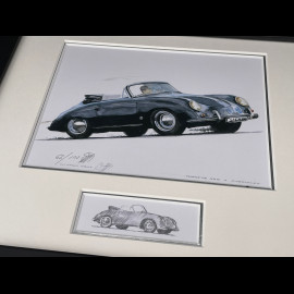 Porsche Rahmen 356 A Cabriolet 1958 Schwarzer Holzrahmen mit Skizze 25 x 30 cm - Uli Ehret