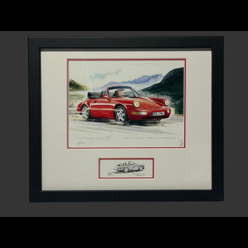 Porsche Frame 911 Type 964 Convertible 1988 Black Wooden Frame with Sketch 25 x 30 cm - Uli Ehret