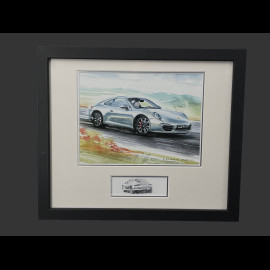 Porsche Frame 911 Coupe Type 997 2007 Black Wooden Frame with Sketch 25 x 30 cm - Uli Ehret