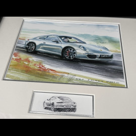 Porsche Frame 911 Coupe Type 997 2007 Black Wooden Frame with Sketch 25 x 30 cm - Uli Ehret