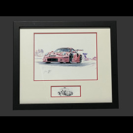 Porsche Rahmen 991 RSR GTE " Pink Ping / Rosa Sau " N° 92 1971 Schwarzer Holzrahmen mit Skizze 25 x 30 cm - Uli Ehret