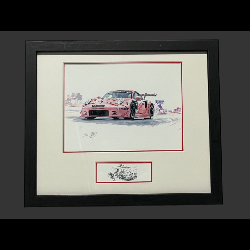 Porsche Rahmen 991 RSR GTE " Pink Ping / Rosa Sau " N° 92 1971 Schwarzer Holzrahmen mit Skizze 25 x 30 cm - Uli Ehret